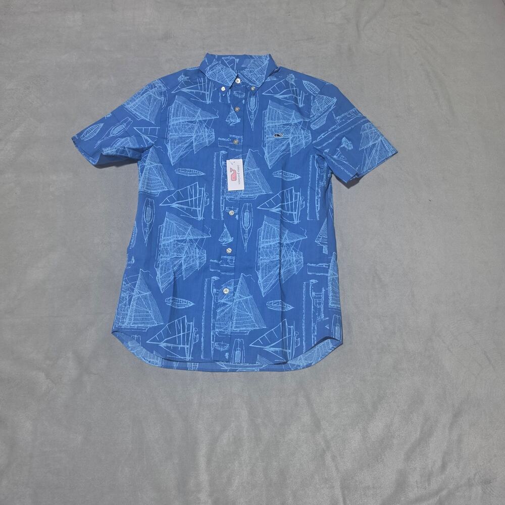New Vineyard Vines Whale Shirt Blue Sailboat Print Short Sleeve Button Down Mens - Picture 2 of 14